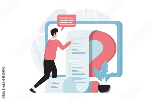 Online survey concept with people scene in flat design. Man answers questions in digital questionnaire, filling testing roll form using computer. Vector illustration with character situation for web