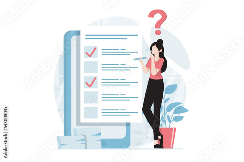 Online survey concept with people scene in flat design. Woman thinking and choosing answers for questions in digital questionnaire using app. Vector illustration with character situation for web