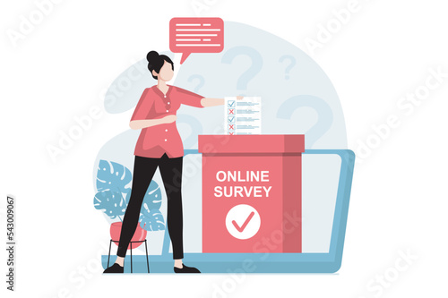 Online survey concept with people scene in flat design. Woman participates in voting, marks choice on form and answers questions in questionnaire. Vector illustration with character situation for web