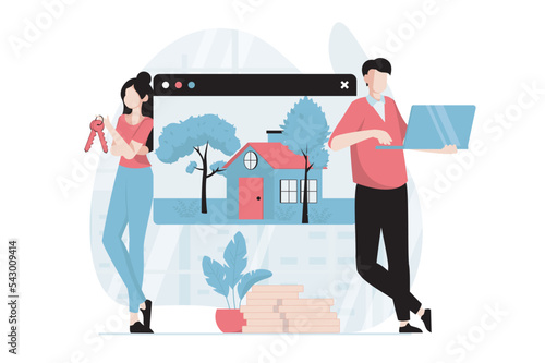 Real estate concept with people scene in flat design. Man and woman invest in new house, get keys of new home and sign contract with realtor. Vector illustration with character situation for web