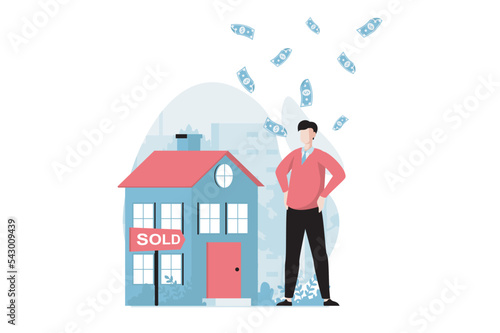 Real estate concept with people scene in flat design. Man puts house for sale and successfully sells it, making profitable deal and earning money. Vector illustration with character situation for web