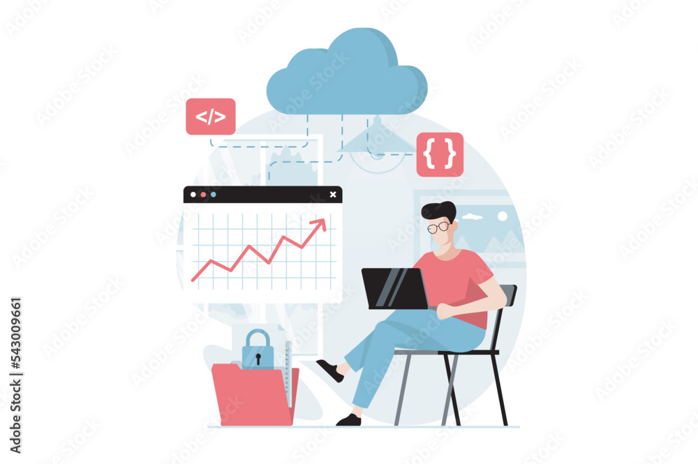 SaaS concept with people scene in flat design. Man uses cloud technologies to exchange data, analyzing data and cloud computing for subscription. Vector illustration with character situation for web SaaS concept with people scene in flat design. Man uses cloud technologies to exchange data, analyzing data and cloud computing for subscription. Vector illustration with character situation for web