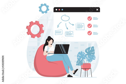 SaaS concept with people scene in flat design. Woman buys software as a service and uses cloud technology to manage files and optimization process. Vector illustration with character situation for web