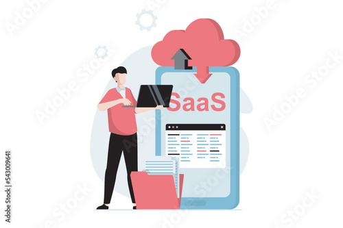 SaaS concept with people scene in flat design. Man uses cloud technologies to exchange data and synchronize files between laptop and mobile phone. Vector illustration with character situation for web