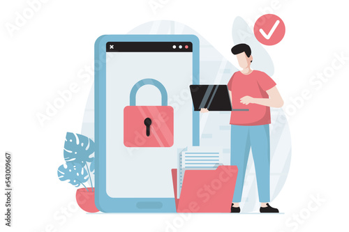 SaaS concept with people scene in flat design. Man manages files and information in cloud storage using secure access from mobile phone and laptop. Vector illustration with character situation for web