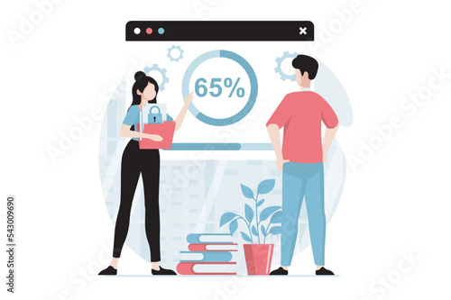 SaaS concept with people scene in flat design. Woman and man work with programs by buying subscription, using cloud storage and data protection. Vector illustration with character situation for web