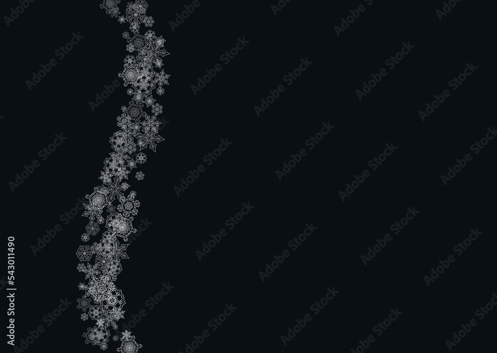 Silver snowflakes frame on black background. Horizontal shiny Christmas and New Year frame for gift certificate, ads, banners, flyers. Falling snow with glitter silver snowflakes for party invite Silver snowflakes frame on black background. Horizontal shiny Christmas and New Year frame for gift certificate, ads, banners, flyers. Falling snow with glitter silver snowflakes for party invite
