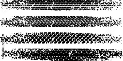 Tire tread print or truck track with grunge effect set isolated on white background. Footprint of bike or car wheels with seamless texture. Top view of rubber protector marks on road. Vector brush.