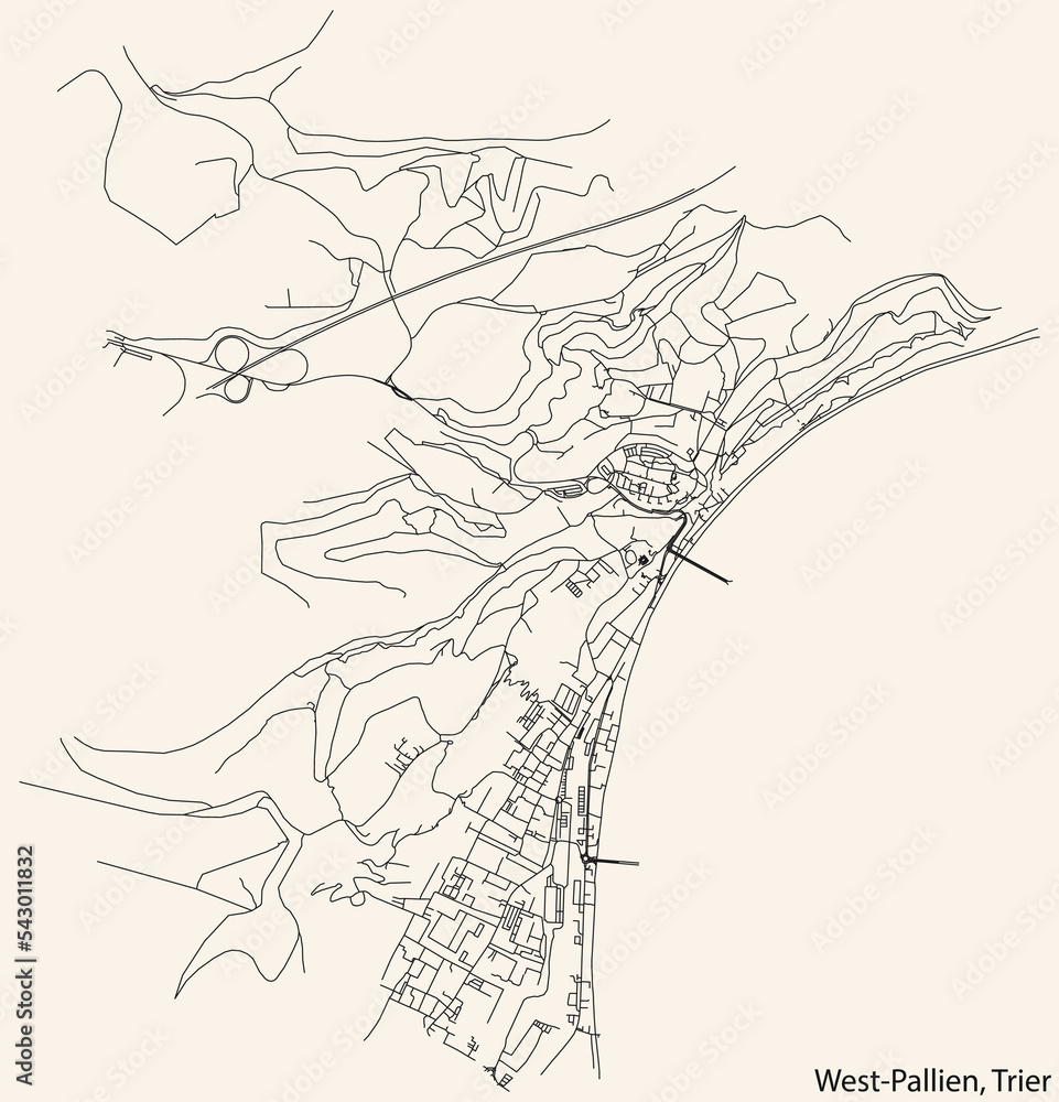 Detailed navigation black lines urban street roads map of the WEST-PALLIEN MUNICIPALITY of the German regional capital city of Trier, Germany on vintage beige background Detailed navigation black lines urban street roads map of the WEST-PALLIEN MUNICIPALITY of the German regional capital city of Trier, Germany on vintage beige background