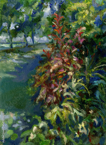 Juicy August, a bright bush in the alley of the park, oil painting.