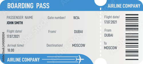 Airplane ticket template. Boarding pass. Airline travel document