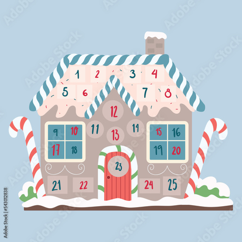 Advent calendar in a gingerbread house. Winter holiday poster, december dates festive events. Vector creative template