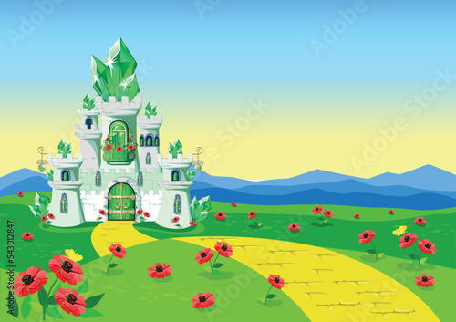 Emerald city and yellow brick road on a fairy tale background. Vector illustration of an emerald castle.
