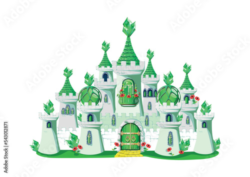 Emerald princess castle with green crystals, towers and green gates. Vector illustration of a fairy tale castle on a white background.