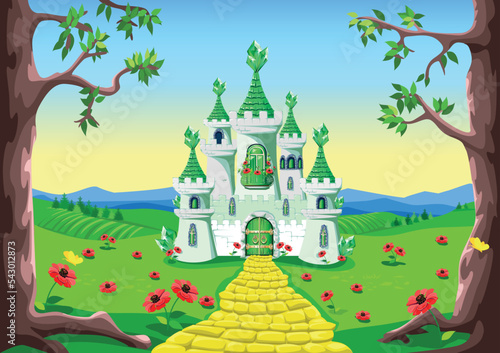 Emerald city and yellow brick road on a fairy tale background. Vector illustration of an emerald castle.