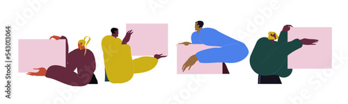 People presenting, advertising smth on blank paper sheets set. Men, women hold empty banner mockups, show cards, backgrounds for presentation. Flat vector illustrations isolated on white background