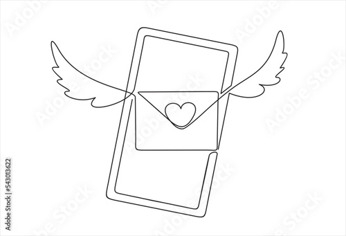 Smartphone and Flying envelop with heart, illustration continuous one line art illustration.
