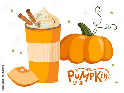 Pumpkin spice seasonal flavored products. Pumpkin latte, pumpkin vegetable. Food and drinks isolated. Autumn delicious sweet dessert. Fall season elements for scrapbook, card, poster, invitation