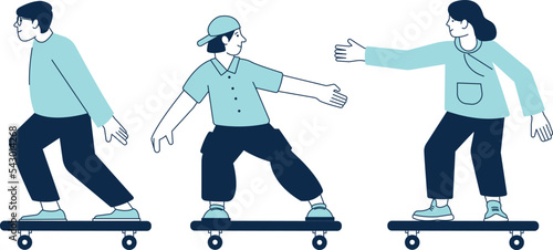 Young people on skateboard together. Happy friends having fun