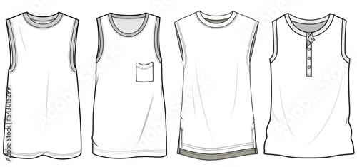Sleeveless T-shirt, Tank Top Set Fashion Illustration, Vector, CAD, Technical Drawing, Flat Drawing, Template, Mockup	