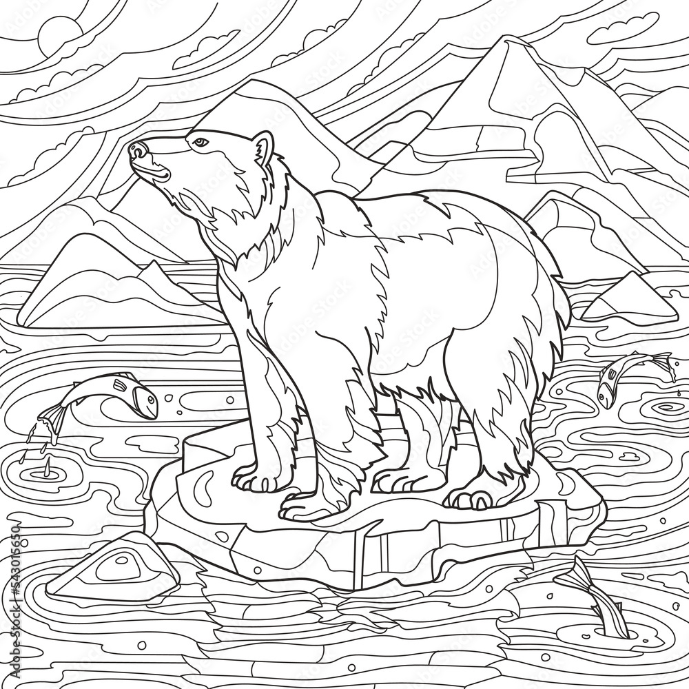 Coloring page for adults. Polar bear on an ice floe. Vector ...