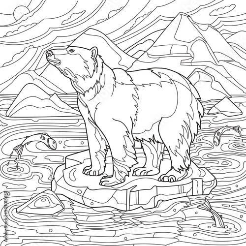 Coloring page for adults. Polar bear on an ice floe. Vector illustration.