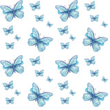 Watercolor seamless pattern from hand painted illustration of blue butterflies with spread wings. Flying insect moth. Simple tender print on white background for fabric textile, wallpaper, postcards