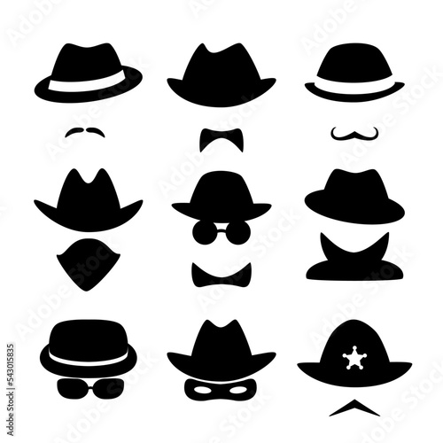 Icons of criminals and police officers. Incognito. Detectives. Poirot, Inspector Jeff, Professor Marriarty. Collection of famous, anonymous and strangers. Simple vector, isolated on white background.