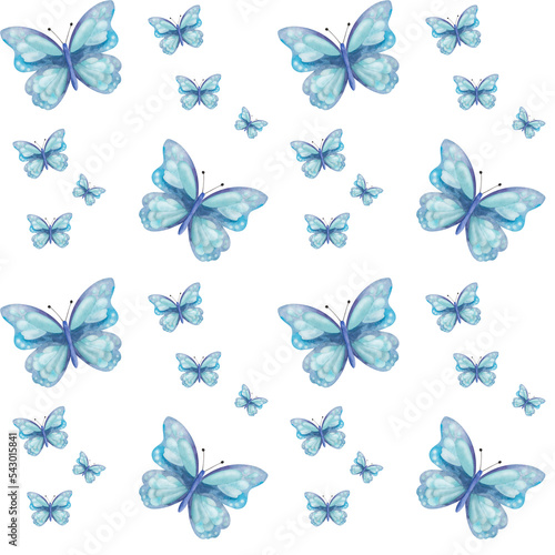 Watercolor seamless pattern from hand painted illustration of blue butterflies with spread wings. Flying insect moth. Simple tender print on white background for fabric textile, wallpaper, postcards © Olga Sidelnikova