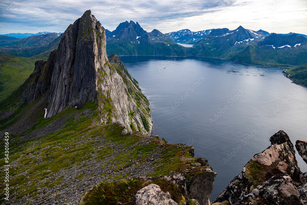 famous view of mountain segla from hesten trail, senja, norway; mighty mountain in the norwegian fjord