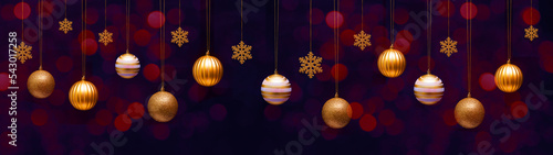 Christmas celebration holiday background banner template greeting card oanorama - Group of hanging golden Christmas balls Christmas baubles, in the dark night with bokeh lights photo