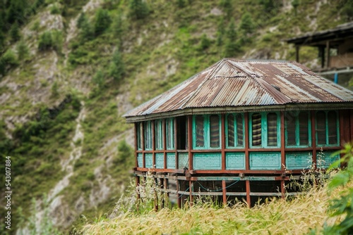 Green house on the side of the Himachal Pradesh mountain in Rasol Village photo