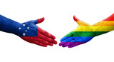 Handshake between LGBT and Samoa flags painted on hands, isolated transparent image.