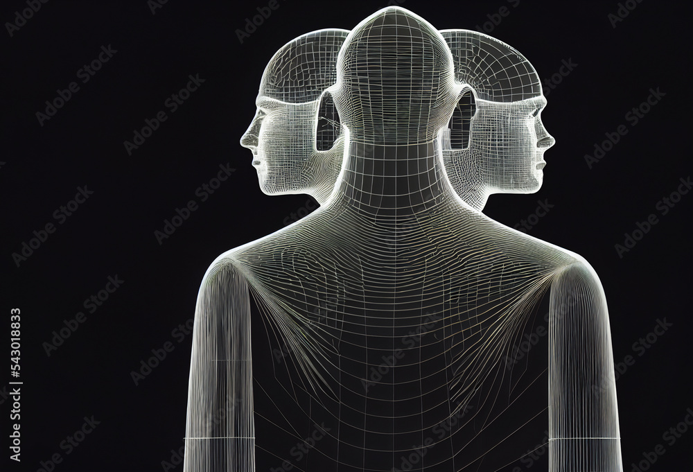 Man with 3 faces modeled in 3d and in black and white. Triple