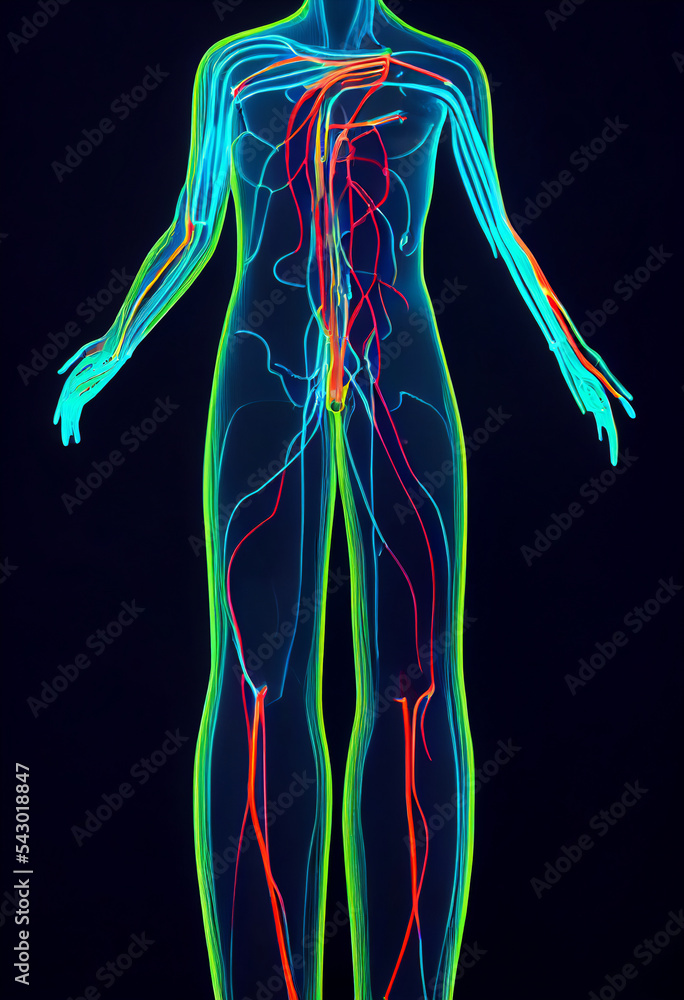 Human body represented with fluorescent and luminous neons. Decoration with many colors representing a man.