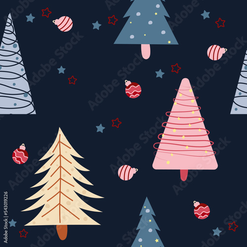Winter minimalism, seamless patterns with colorful Christmas and stars around. Bright winter pattern can be used as textile, fabric, wallpaper, banner and other. Vector.