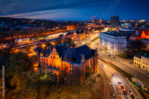 The Main Town of Gdansk with the City Hall and a Main Railway Station at dusk, Poland