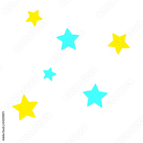 Drawing on a transparent background, several blue and yellow stars of different sizes