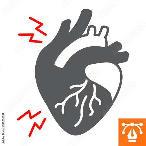 Heart attack solid icon, glyph style icon for web site or mobile app, disease and anatomy, infarct vector icon, simple vector illustration, vector graphics with editable strokes.