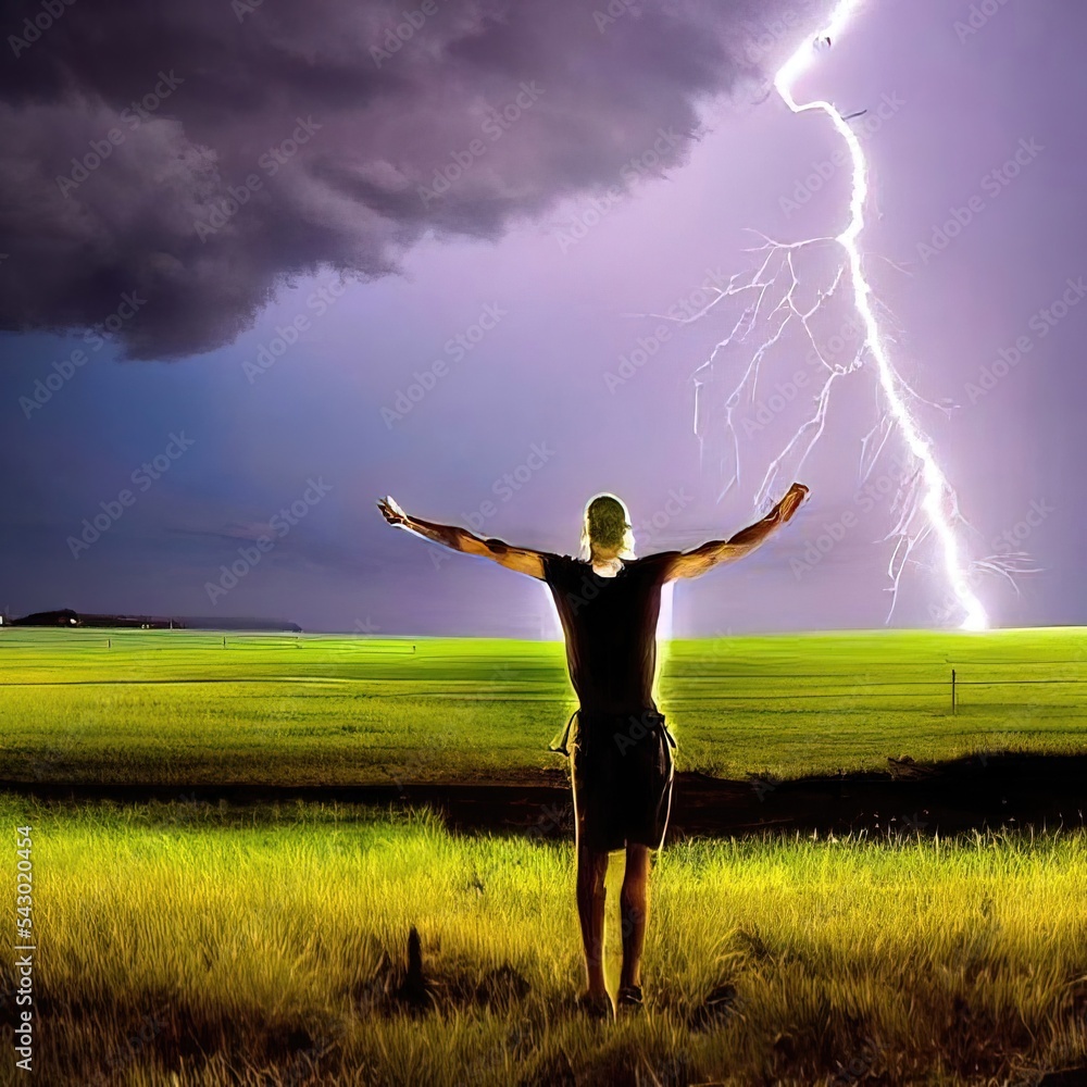 Side Flash A woman stands in a field under a flash of lightning with her hands ...