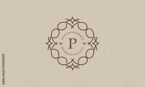 Elegant monogram with the letter P in the center and space for text. Vector illustration. Geometric ornament, luxury sign, emblem of restaurant, boutique, cafe, hotel photo