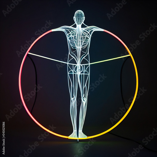 The vitruvian man is a famous art piece made of brightly lit light tubes. It shows the perfect proportions of the human body and is an allegorical symbol of humanism and rationality. photo