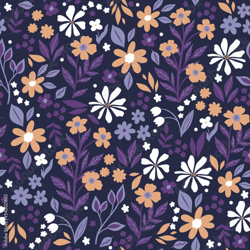 Seamless pattern with small flowers and leaves. Vector graphics.