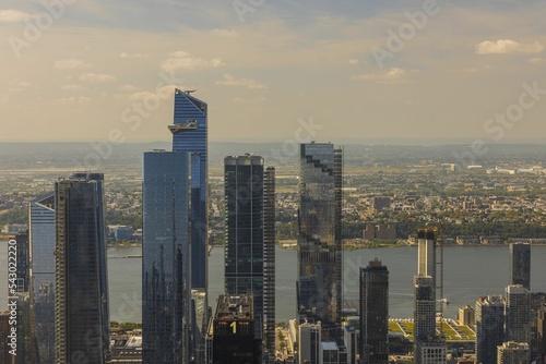 Beautiful aerial view of skyscrapers of Manhattan on bright summer day. New York. USA. 