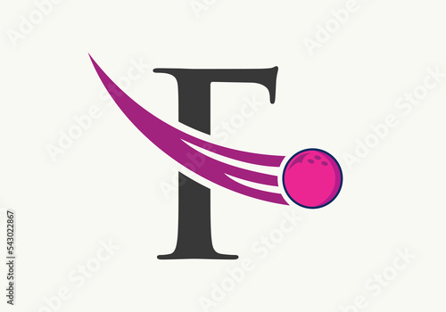 Letter F Bowling Logo. Bowling Ball Symbol With Moving Ball Vector Template