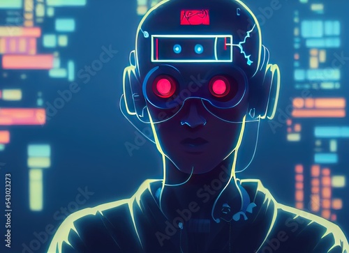 3D rendered computer generated image of a neon cyberpunk hacker. Futuristic cybercriminal in a red and blue technological urban fantasy setting. 