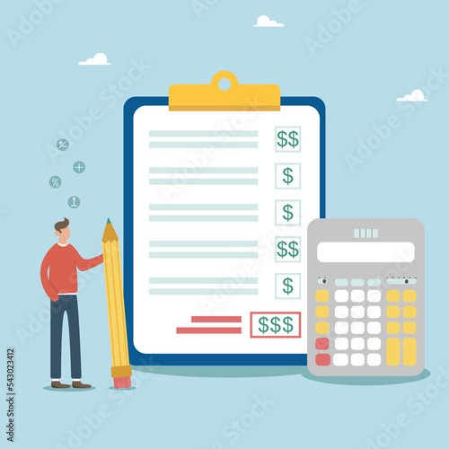 Project cost estimation, calculate budget or resources to finish work, financial plan, invoice or tax, expense or loan concept, businessman with calculator estimate cost project document. photo