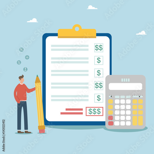 Project cost estimation, calculate budget or resources to finish work, financial plan, invoice or tax, expense or loan concept, businessman with calculator estimate cost project document.