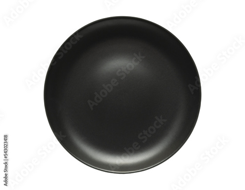 Top view empty ceramic round black plate isolated on white with clipping path and shadow with PNG.