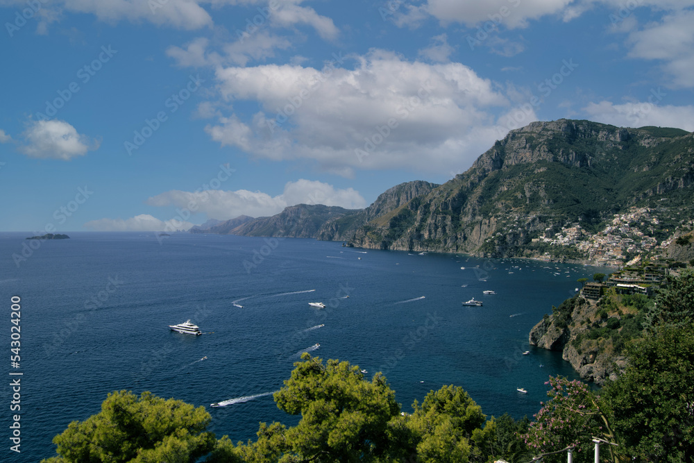 Panoramic view of beautiful Amalfi Positano on hills leading down to coast, Campania, Neaples, Italy. Amalfi coast is most popular travel and holiday destination in Europe.